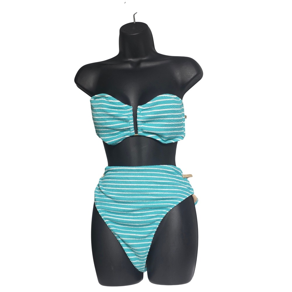 Shade & Shore Teal White Striped Smocked Bandeau Bikini Set L Top XL Bottoms